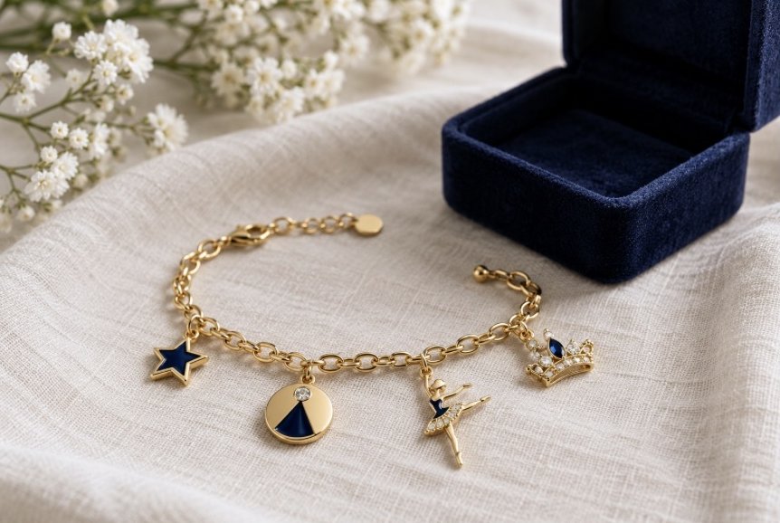 The gold Elite Legacy charm bracelet with star, ballerina, and crown charms beside a navy gift box