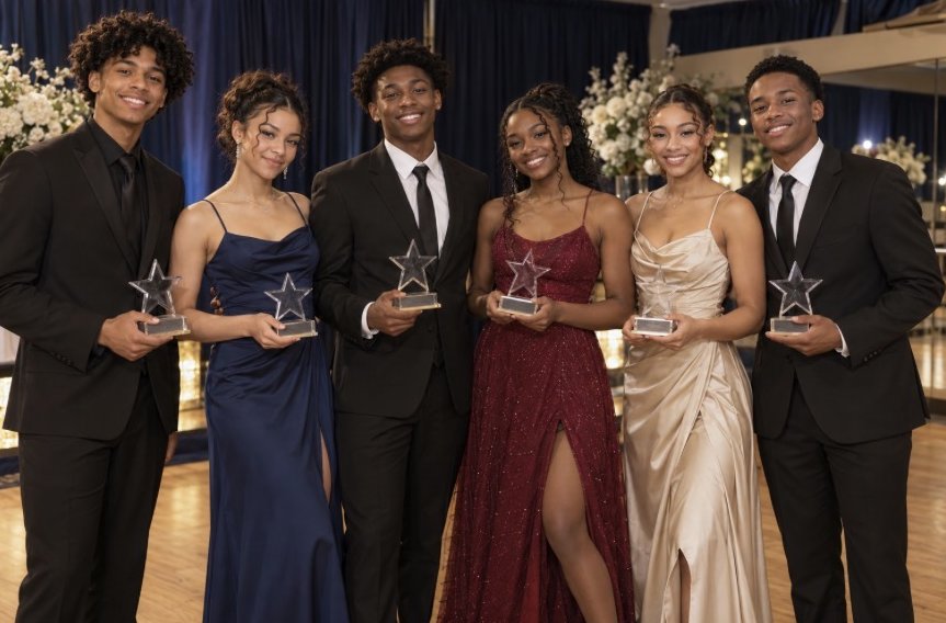 Senior Elite Legacy graduates in formal gowns and tuxedos holding star awards