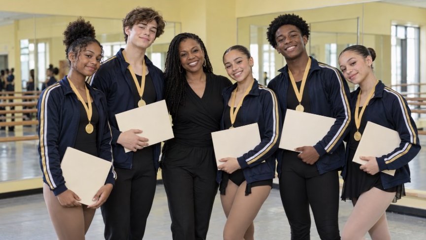Honor Society dancers with medals and certificates beside their teacher