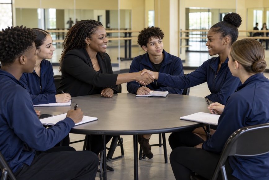 Teens practicing interview skills and handshakes around a table