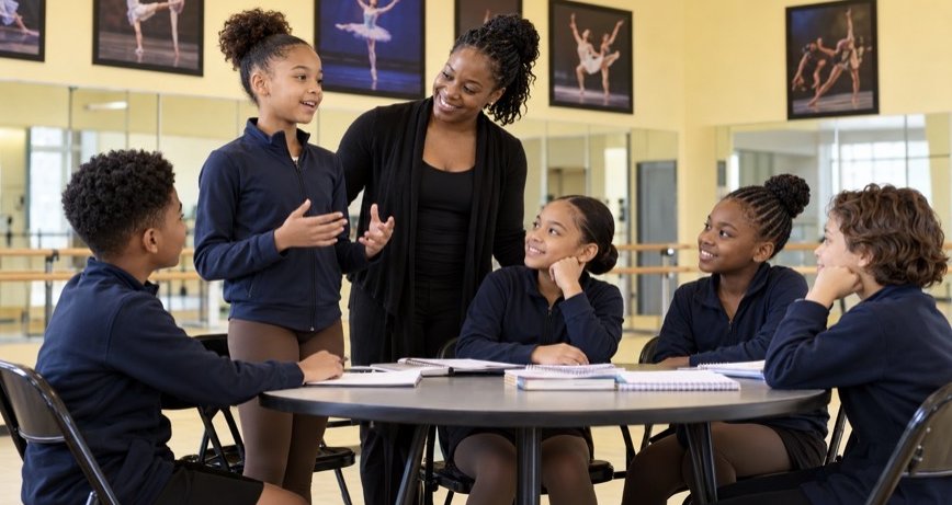 Teen dancers in a leadership discussion with their teacher