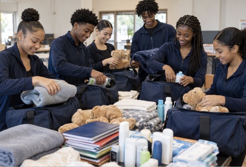 Teens packing duffel bags with blankets, books, and teddy bears for children entering foster care